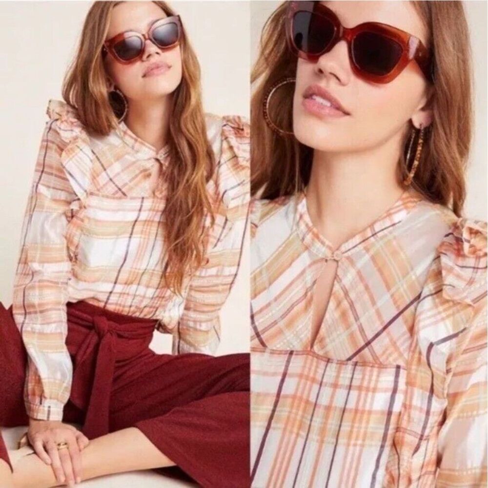 Current Air Anthropologie Sheer Plaid Ruffle Cotton Silk Pink Orange Blouse M